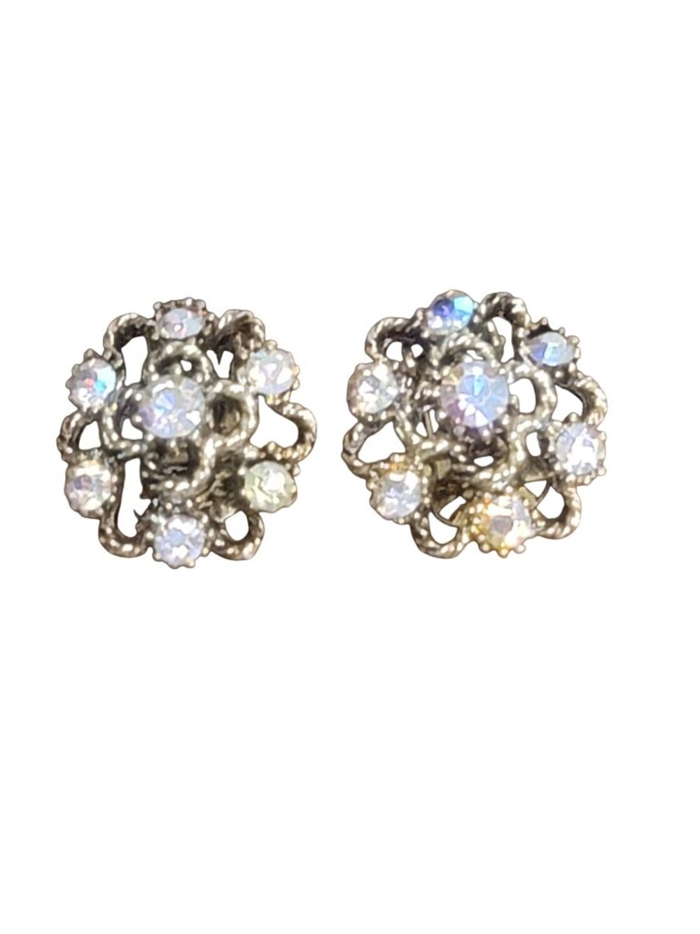 Vintage Clip-On Earrings Aurora Borealis Rhinestone Gold-Tone Floral 1950's